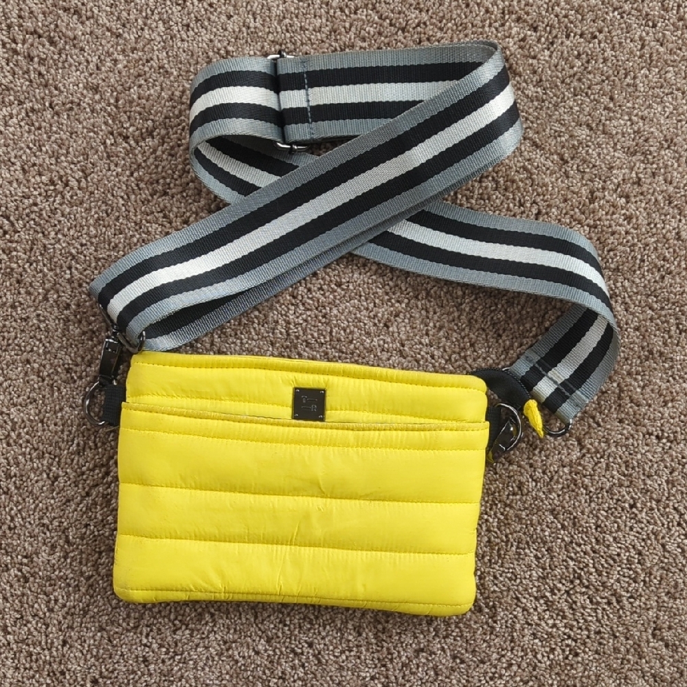 THINK ROYLN Yellow Quilted Crossbody Bag with Striped Strap